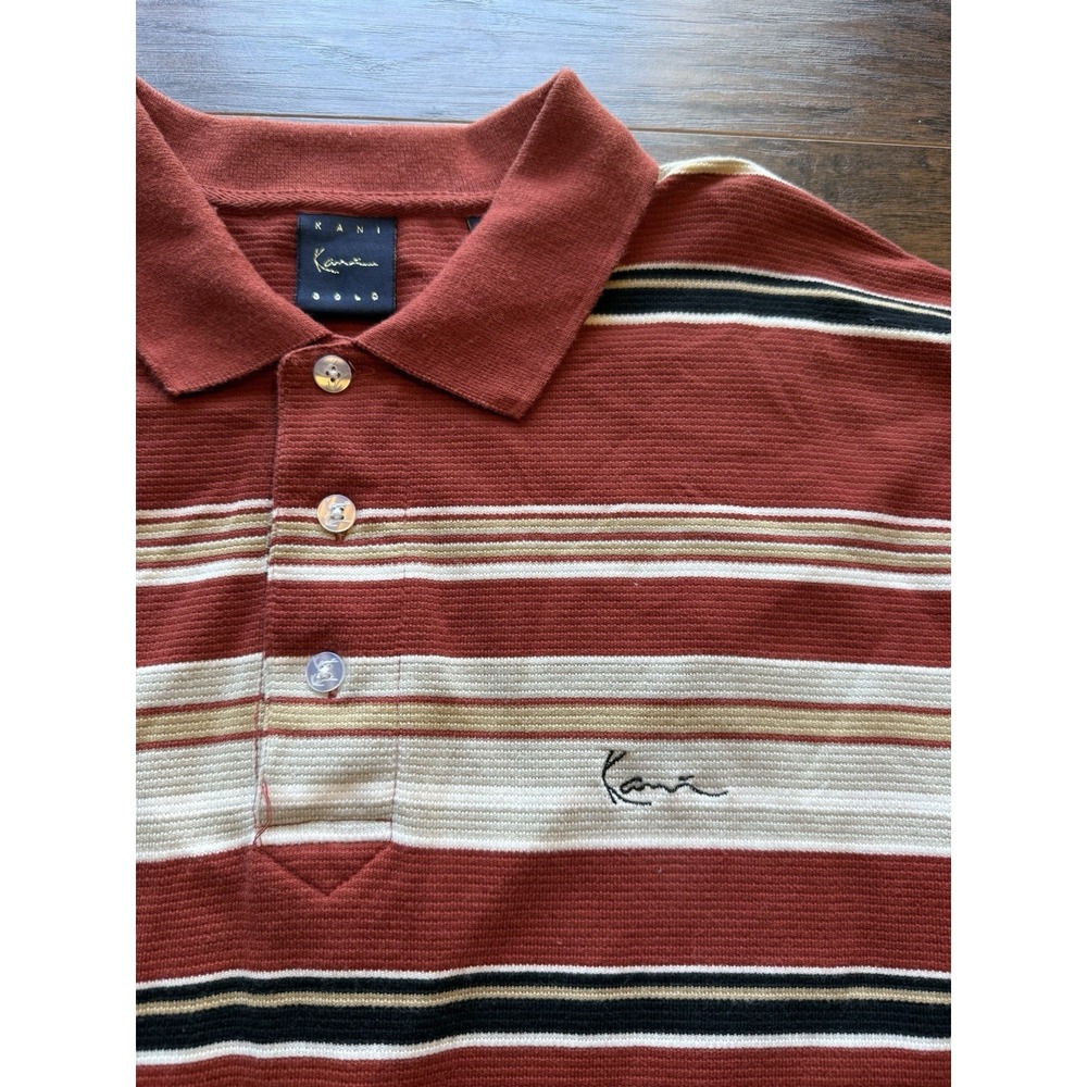 Kani Gold Mens XL Striped Polo Shirt Red Beige Black Short Sleeve Y2K 90s Casual - Picture 3 of 5